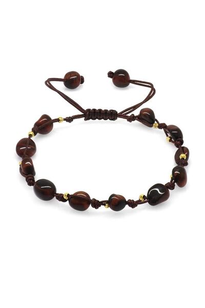 Tesbihane Macrame Braided Natural Cut Dorica Ball Detailed Dark Color Tiger Eye Natural Stone Women's Bracelet