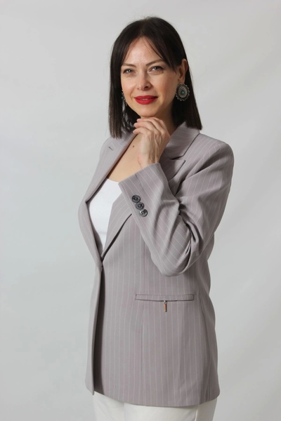 Moda Berray 1906 Gri Çizgili Fermuarlı Cep Aksesuarlı Kadın Büyük Beden Blazer Ceket