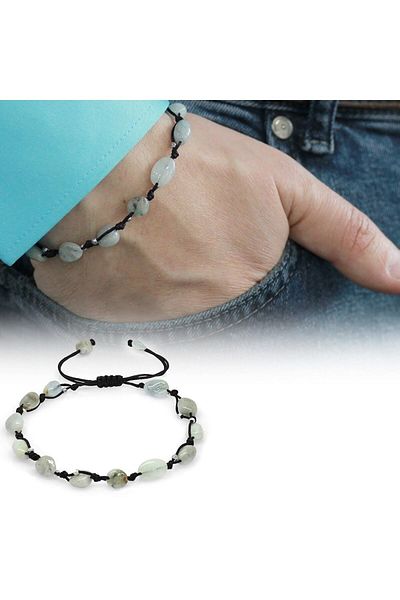 Tesbihane Macrame Braided Natural Cut Dorica Ball Detailed Aquamarine Natural Stone Men's Bracelet