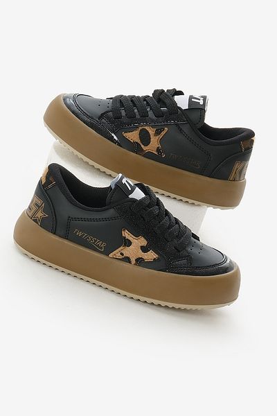 Tonny Black Pantofi sport unisex pentru copii, cu talpă termică, cu leopard negru, cu șireturi și velcro
