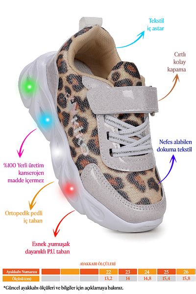 KARAMAZI Karamazı Kids Teno Leopard Patterned Velcro Lighted Baby Girl Sports Shoes
