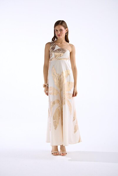 NOK İSTANBUL Golden Palm Maxi Boy Elbise Ekru