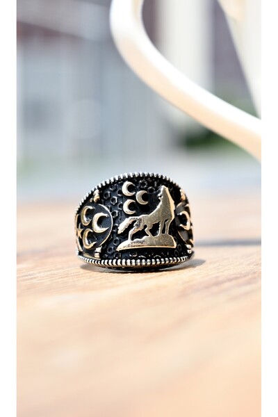 Luceven Üç Hilal ve Bozkurt Desenli El İşçiliği 925 Gümüş Yüzük