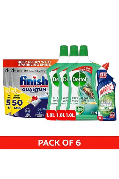 Finish Quantum Tabs Lemon 50x2 Dettol Floor Pine 1.8lx3 Harpic Toilet Lavender 750ml