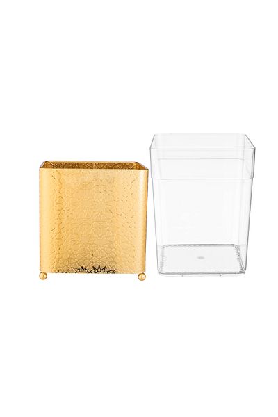 ABAREEK A set of wastebasket, tissue box and gold decor for a stylish and modern home.
