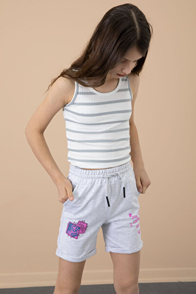 Cansın Mini Gray Paw Cute Printed Girl's Elastic Waist Shorts 20727