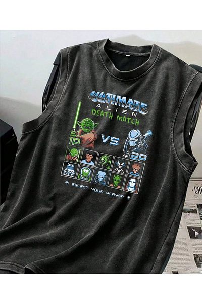 Touz Moda Ultimate Alien Deatch Match Tank Top Crew Neck Washed Vintage Unisex Oversize T-Shirt