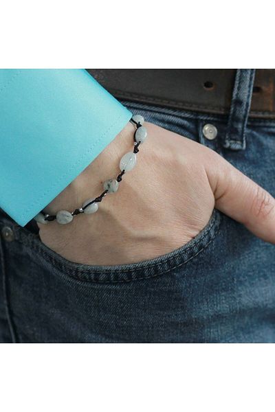 Tesbihane Macrame Braided Natural Cut Dorica Ball Detailed Aquamarine Natural Stone Men's Bracelet