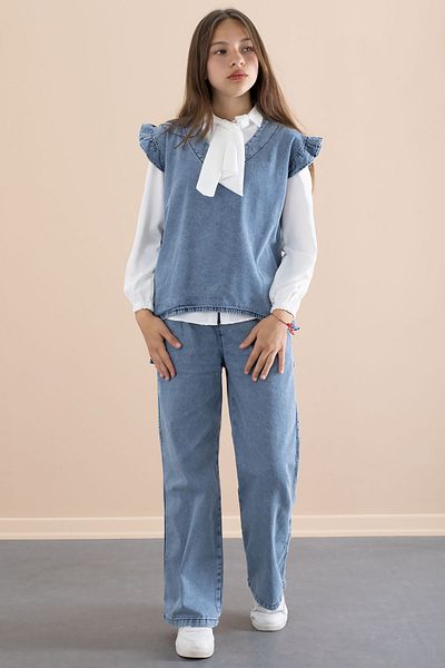 Cansın Mini Set de jeans cămașă albă cu eșarfă pentru fetiță 21097