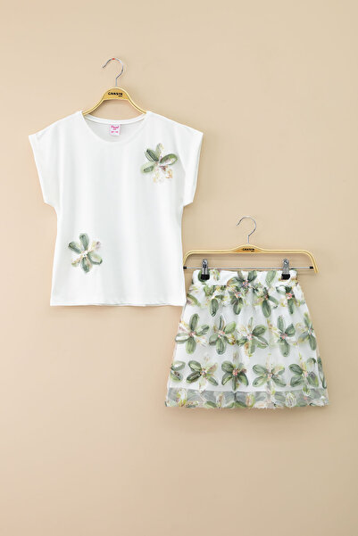 Cansın Mini Хакі квітковий принт, тюлева спідниця, короткий рукав, блузка, комплект для дівчинки, 2 предмети, 21047