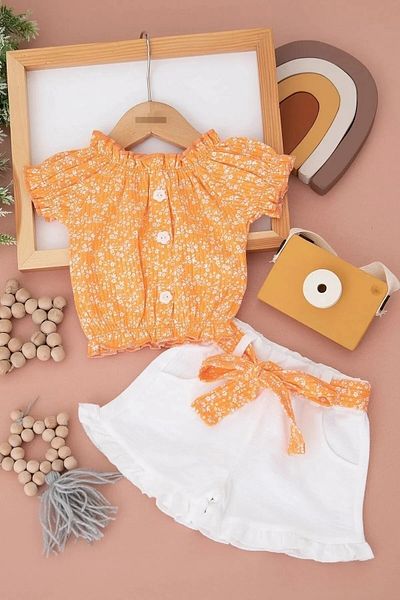 voyyo kids baby Baby Girl Summer Interlock Corded Fabric Floral Printed Muslin Top and Bottom Baby Set with Shorts