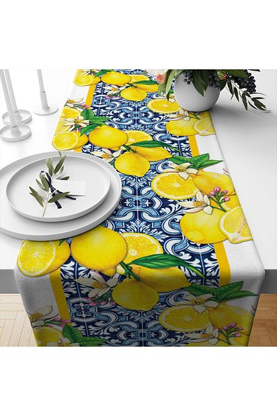 Evmila Spring Themed Lemon Patterned Velvet Fabric Digital Printed Runner
