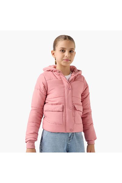 Juniors Solid Hooded Jacket with Long Sleeves and Pockets