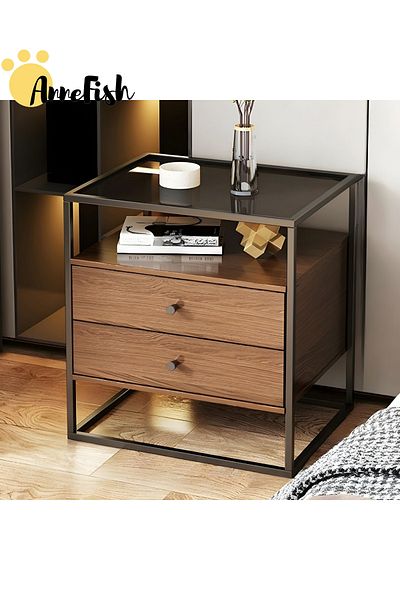 AnneFish Nightstand Side Table Tempered Glass Top Sofa Coffee End Storage Cabinet Drawers Living Room Bedroom