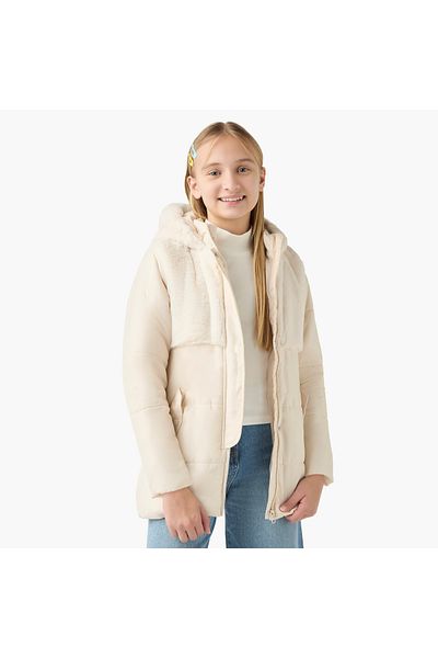 Juniors Quilted Jacket with Faux Fur Hood and Pockets