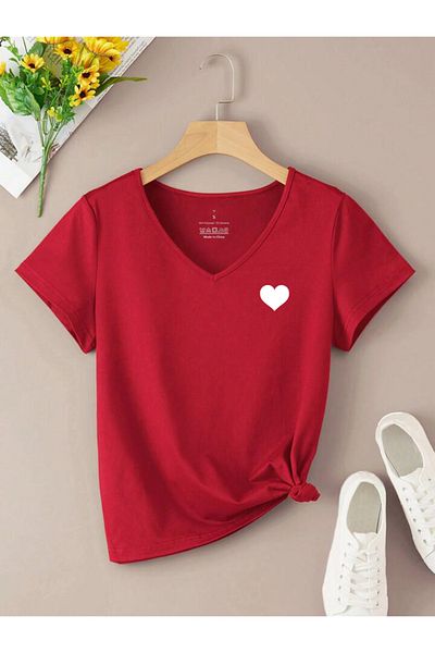 FAVORİST V-Neck Tiny Heart Printed Summer Women's T-Shirt