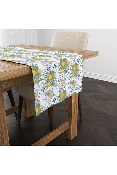 Evmila Spring Themed Lemon Patterned Velvet Fabric Digital Printed Runner
