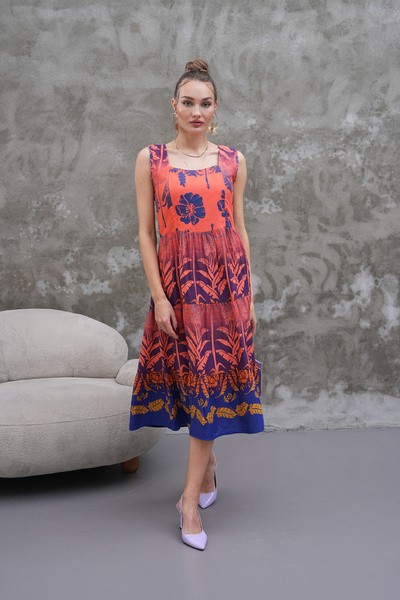 NAVY Midi μήκος Φόρεμα με τετράγωνο λαιμόκοψη και σχέδιο Χαβάης, αμάνικο, μέγ...