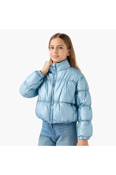 Juniors Solid Padded Jacket with High Neck and Zip Closure