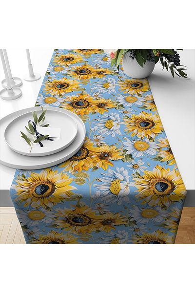 Evmila Spring Themed Sunflower Patterned Velvet Fabric Digital Printed Runner