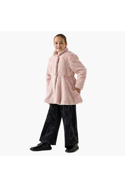 ELIGO Faux Fur Textured Longline Jacket with Long Sleeves and Pockets