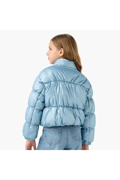 Juniors Solid Padded Jacket with High Neck and Zip Closure