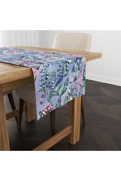 Evmila Spring Themed Hydrangea Patterned Velvet Fabric Digital Printed Runner