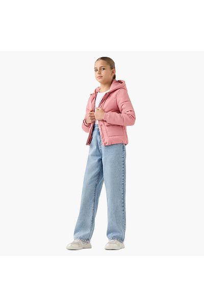 Juniors Solid Hooded Jacket with Long Sleeves and Pockets