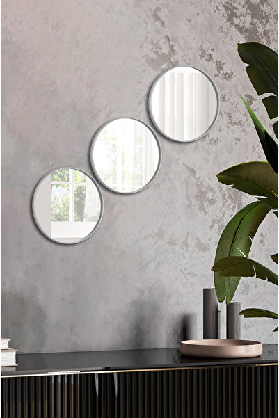 Leila Home 3'lü Yuvarlak Ayna Duvar Aksesuarı - Sunumluk Gümüş (Çok amaçlı)