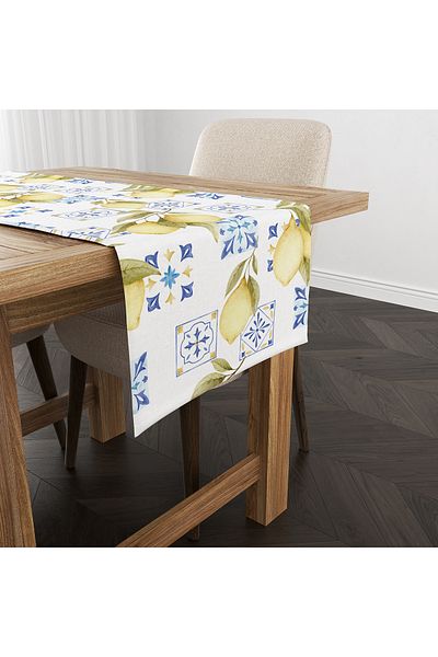 Evmila Spring Themed Lemon Patterned Velvet Fabric Digital Printed Runner
