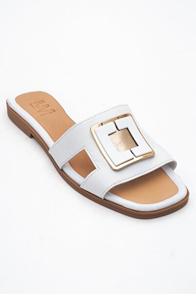 LuviShoes Mi̇lli̇e White Genuine Leather Buckle Women's Slippers