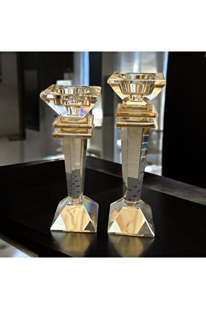 Peramari Dekoratif Kristal Cam İkili Baba Şamdan Şeffaf Bal Rengi