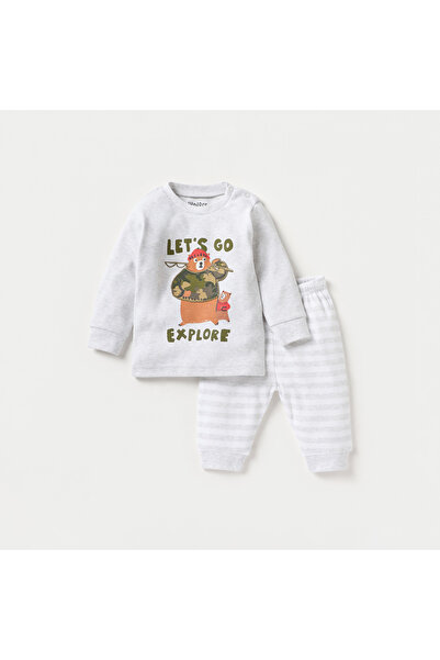 Juniors Giggles Bear Applique Long Sleeves T-shirt and Elasticated Pyjama Set