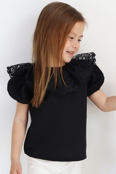 Parla Kids Rochie de seară bluză cămașă cu mânecă scurtă din dantelă neagră pentru fete, 23 aprilie