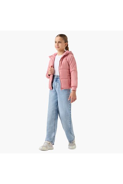 Juniors Quilted Hooded Jacket with Zip Closure