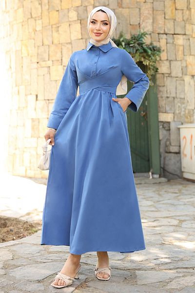 InStyle Rochie indigo cu guler de cămașă cu detaliu de curea