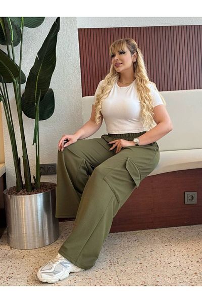 LİKRA Women's Plus Size Cargo Pocket Elastic Waist Flexible Crepe Pants