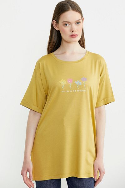 Sementa Floral Printed Crew Neck T-Shirt - Mustard