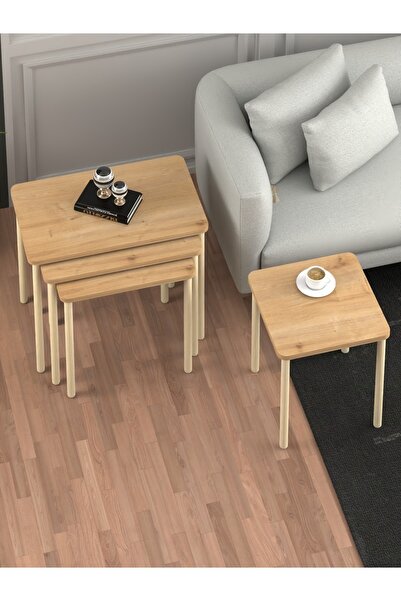 DESENGO Obim 4lü Safir Meşe Ahşap Ayaklı Zigon Sehpa-çay Sehpası-servis Sehpası-salon Sehpa-modern Tasarım