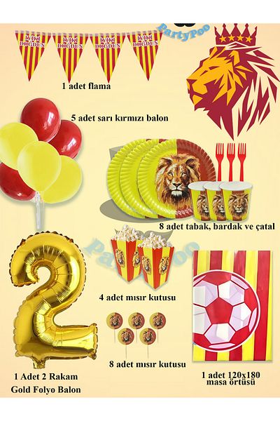 PartyPoo Yellow Red Football Fan Birthday Set for 8 People – Eco Party Supplies Decoration Set