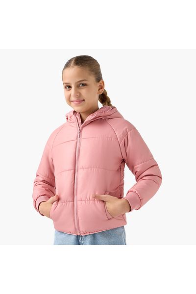 Juniors Quilted Hooded Jacket with Zip Closure