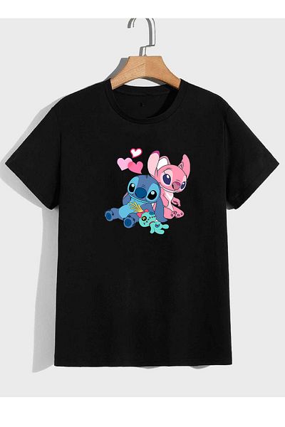 makiteks Potištěné dámské tričko Lilo Stitch s potiskem s výstřihem Bílé Černé Šedé tričko