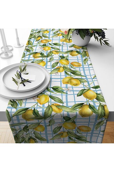 Evmila Spring Themed Lemon Patterned Velvet Fabric Digital Printed Runner