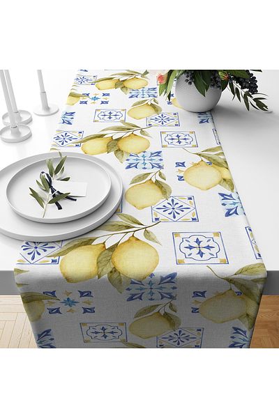 Evmila Spring Themed Lemon Patterned Velvet Fabric Digital Printed Runner