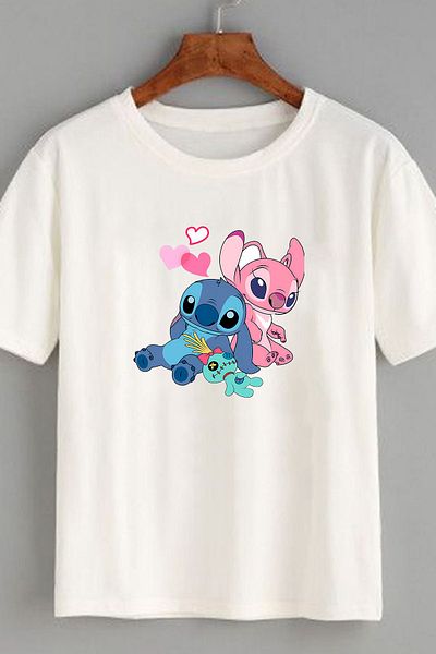 makiteks Tricou imprimat Lilo Stitch pentru femei cu decolteu rotund Tricou imprimat Alb Negru Gri