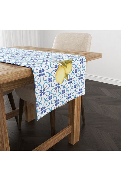 Evmila Spring Themed Lemon Patterned Velvet Fabric Digital Printed Runner
