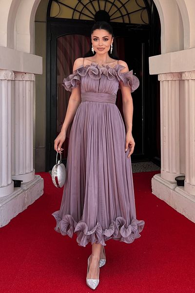 giyimmasalı Chiffon Fabric Flounce Detailed Midi Dress - Dried Rose