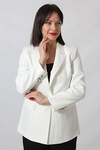 Moda Berray 1904 Beyaz Fermuarlı Cep Aksesuarlı Kadın Büyük Beden Blazer Ceket