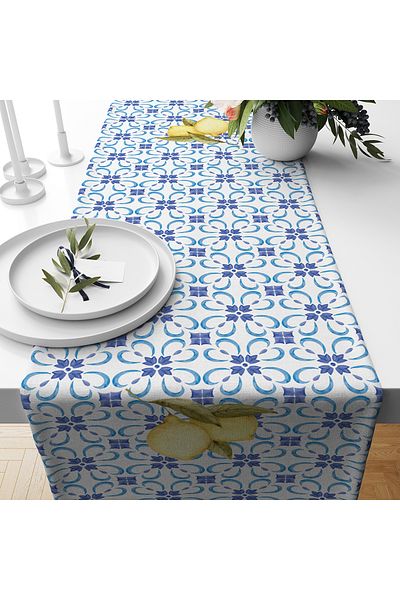 Evmila Spring Themed Lemon Patterned Velvet Fabric Digital Printed Runner