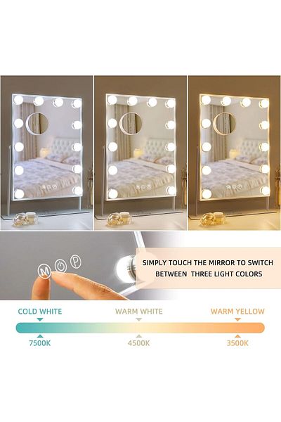 COOYA Vanity Mirror with 9 LED Bulbs, 3Colors Dimable Light Detachable 10X Magnification